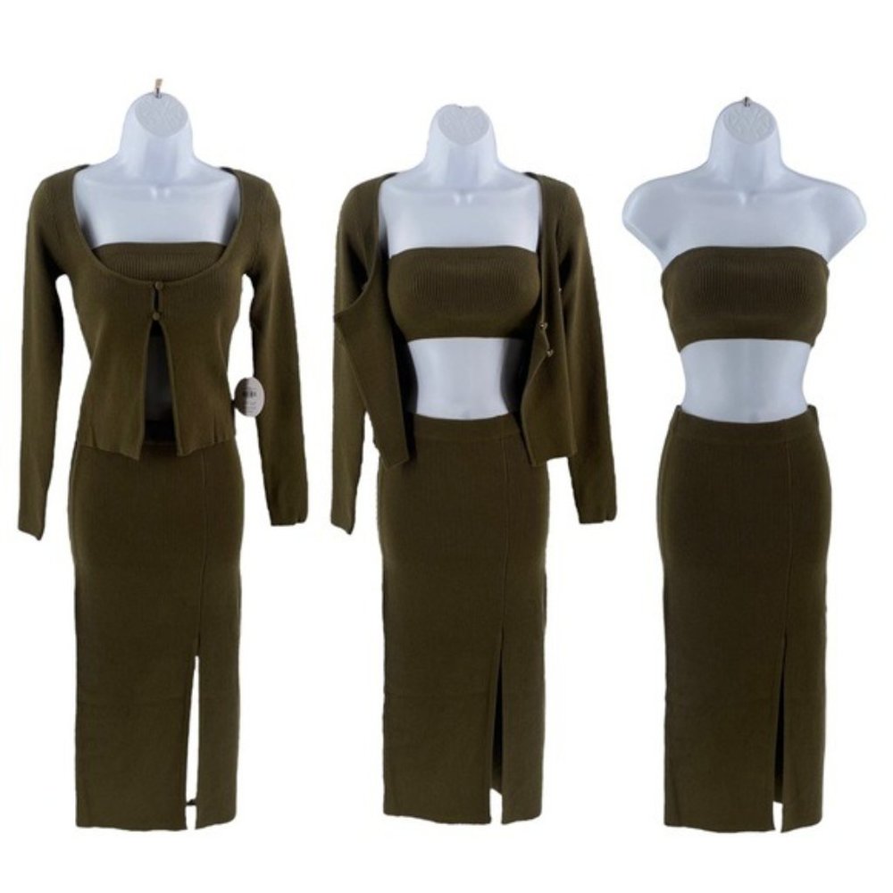 Petal & Pup NEW Luna Knitted Matching 3 Piece Set Midi Dress Olive Green Size S - Picture 3 of 14